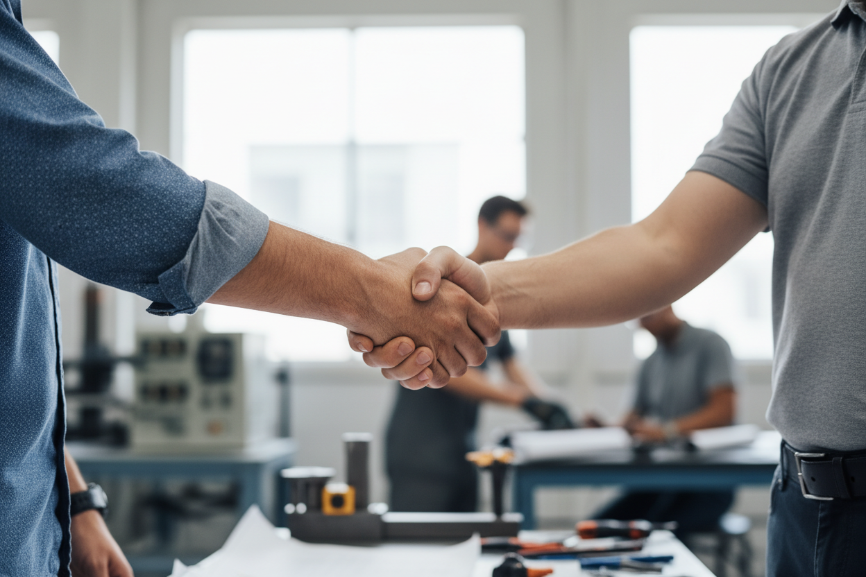 can you make them look less suited and more like engineers but still only show shaking hands